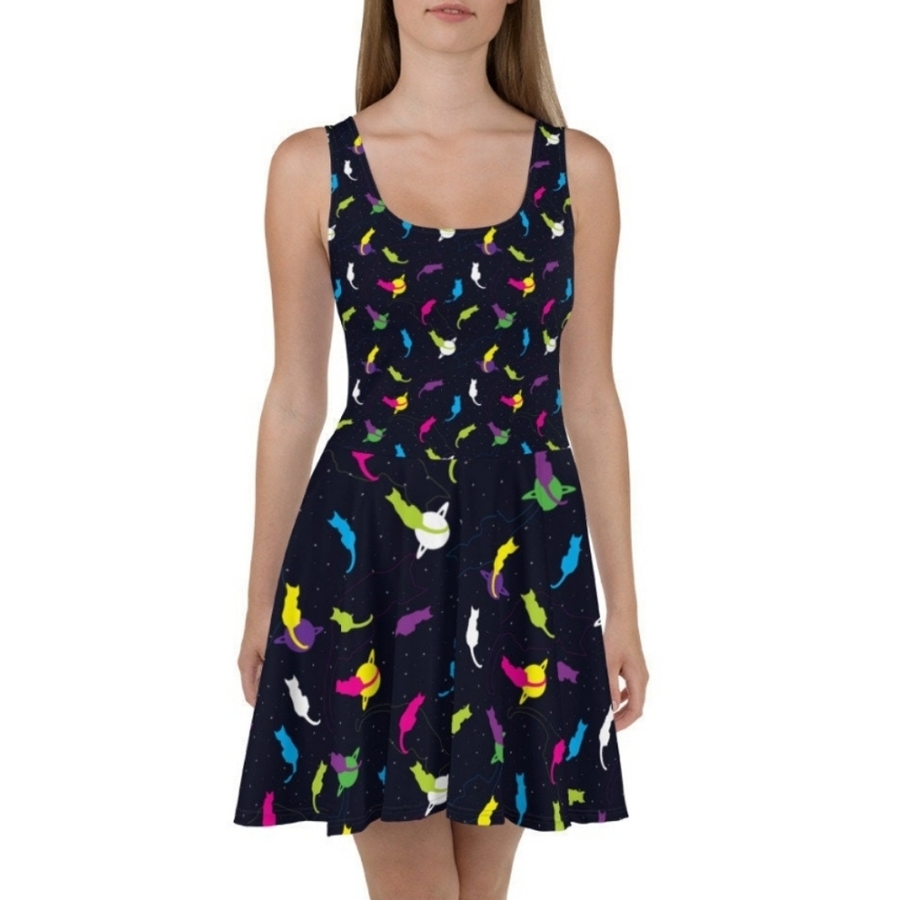 cowcow ,Fit And Flair, Stretchy, Space Cats. DRESS